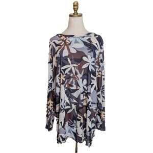 LOGO Layers Large Abstract Floral Print Mesh Top Plus Size 2X Semi Sheer Brown